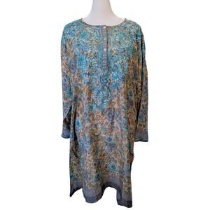 Indian Blue Hand Embroidered Silk Tunic Kurta Dress Size XL
